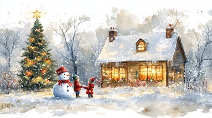 Naklejka premium Children Building a Snowman Outside a Cozy Cabin