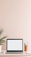 Fototapeta premium Minimalist Workspace with Sleek Laptop and Bamboo Decor