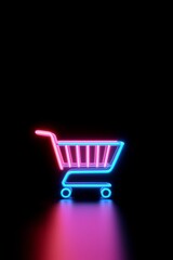 Futuristic shopping cart vintage signage, blue neon lights, minimalistic icon at black vertical background with copy space. Black friday, world shopping day or cyber monday concept.