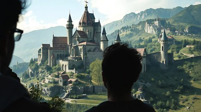Silhouetted Figures Discover the Grandeur of an Ancient Castle in the Mountains.mp4