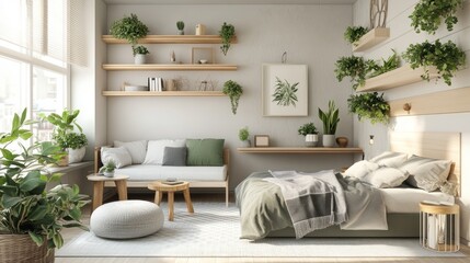 A modern living room connected to a Scandinavian-style bedroom, shown in an isometric layout with green plants and wooden shelves.