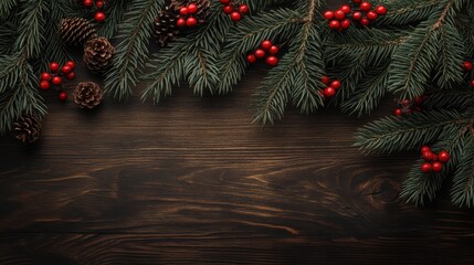 Christmas holiday scene with evergreen branches and red berries on a wooden background, providing ample copy space, captured in 8K.
