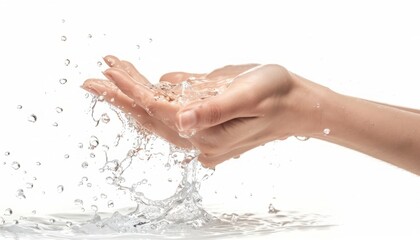 Fototapeta premium Closeup of Water Pouring into a Woman's Hands Against a White Background, Symbolizing Hydration, Purity, and Wellness, Perfect for Health and Beauty Concepts