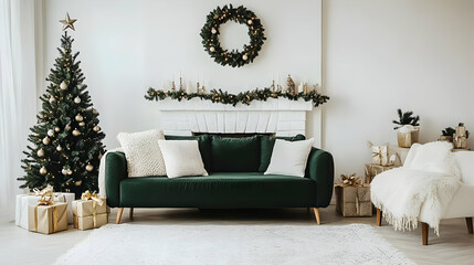 Christmas Decor Ideas: Green Sofa, White Fireplace,  & Festive Tree