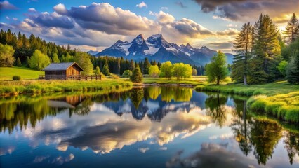 Fototapeta premium Unbridled Serenity: A Tranquil Landscape of Rolling Hills, Lush Greenery and Peaceful Skies