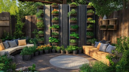 Obraz premium A sustainable garden space with vertical planters made from recycled materials, surrounded by a charming seating area crafted from eco-friendly wood.