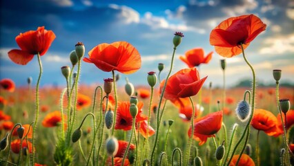 Vibrant Poppies Standing Tall and Proud with Slender Stems Gently Swaying in the Breezy Meadow