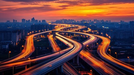Cityscape at Dusk with Highway Overpass