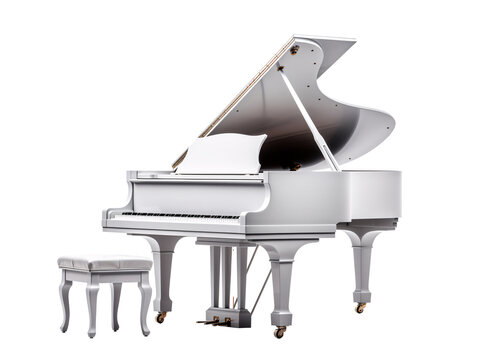 a white piano with a white seat