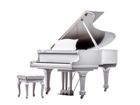 a white piano with a white seat