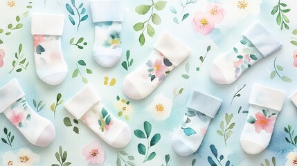 Flat lay of socks for National Sock Day concept background. A flat lay of colorful floral-patterned socks on a soft pastel background decorated with leaves and flowers