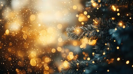 Fototapeta premium Christmas tree background featuring golden blurred lights, creating a warm and festive atmosphere, captured using a DSLR camera.