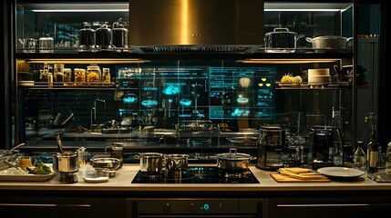 Minimalist and modern kitchen interior with floating holographic displays providing digital cooking instructions and meal guidance
