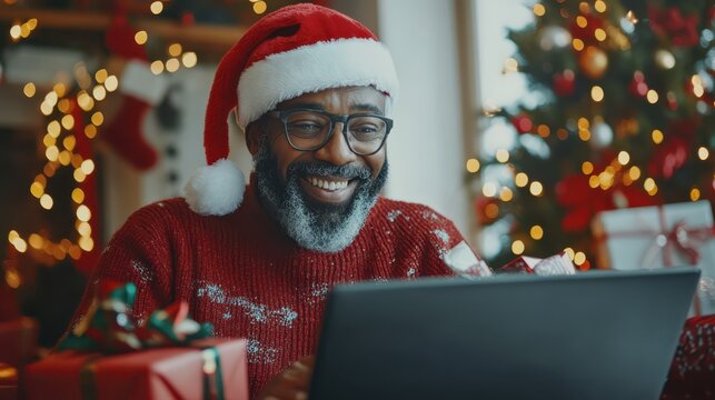 Happy senior biracial man in a Santa hat, holding gifts, making a Christmas video call on a laptop, captured using a DSLR camera.