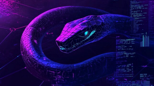 A digital snake intertwined with code, symbolizing python programming.