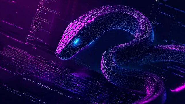 A glowing snake amidst code lines symbolizes python programming's dynamic and powerful nature.