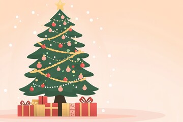 Fototapeta premium Christmas tree adorned with gifts, festive decor, soft tones.