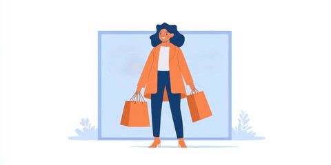 Naklejka premium Woman with shopping bags, vibrant clothing, isolated background.