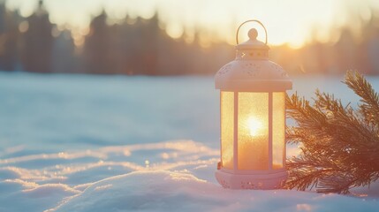 Christmas lantern placed on snow alongside a fir branch, illuminated by sunlight, creating a winter decoration background, captured using an SLR camera.