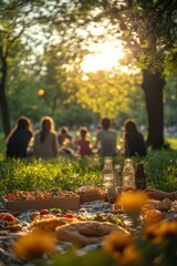 Fototapeta premium Many people sitting in the grass eating pizza, family having a picnic in the park