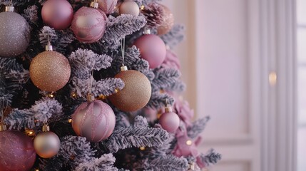 Christmas tree decorated with pink and gold ornaments, creating an elegant holiday look, perfect for festive interiors, captured using an SLR camera.