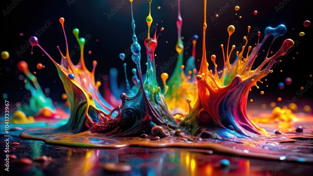 Poster A vibrant explosion of color in motion, where liquid bursts into a captivating array of hues and shapes.