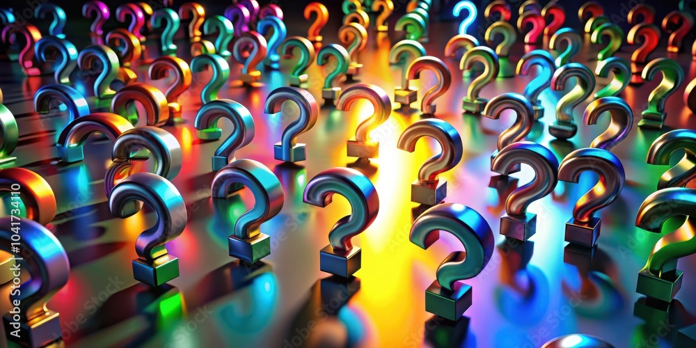 Poster A Colorful Array of Question Marks Illuminated By Shimmering Lights Reflecting on a Glossy Surface