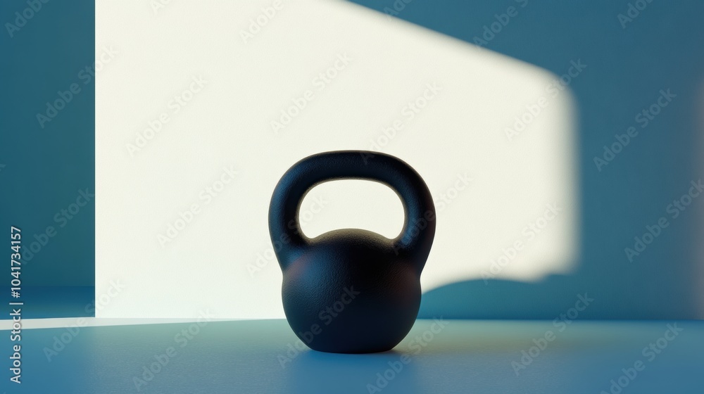 Poster a black kettlebell is placed on a blue surface, highlighted by soft shadows, illustrating a simple y