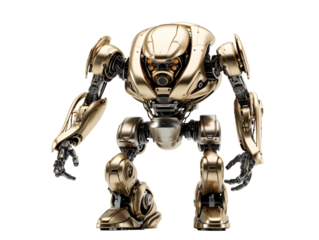 a gold robot with black arms