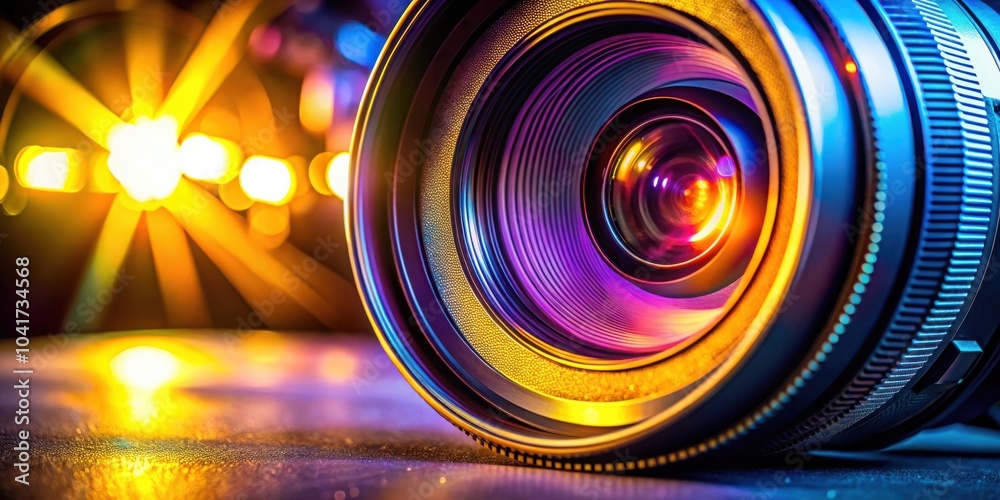 Poster close-up of a camera lens with colorful bokeh lights in the background, capturing the essence of pho