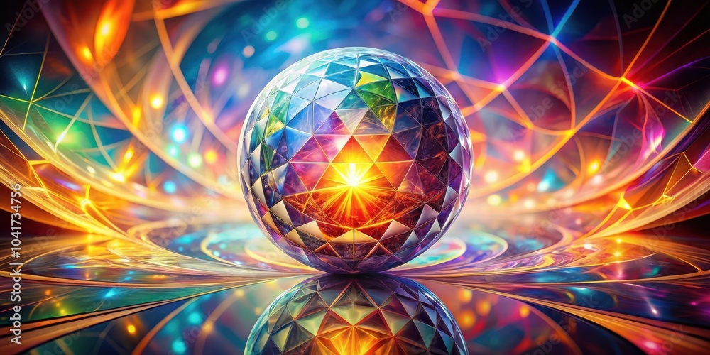 Poster a radiant, multifaceted sphere sits atop a swirling, iridescent surface, with glowing lines and a bu