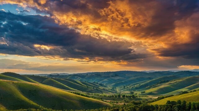 A panoramic view of rolling hills under a dynamic sky