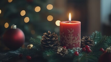 Rustic holiday scene with a red advent candle, pinecones, and festive decorations illuminated by soft lights, creating a cozy display, captured using an SLR camera.