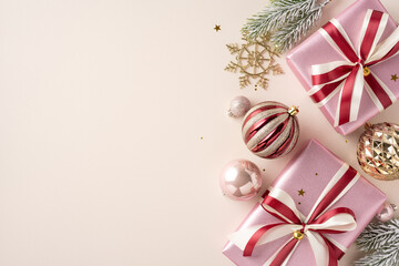 A collection of beautifully wrapped Christmas presents with elegant bows and festive ornaments,...