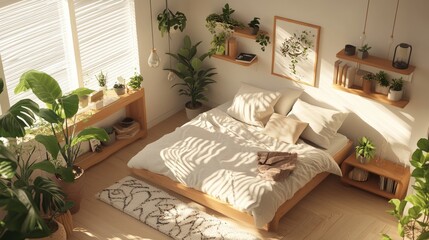 Minimal Scandinavian interior with an isometric perspective, highlighting potted plants and wooden shelves in a cozy bedroom.