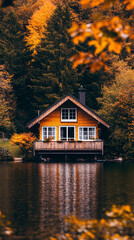 Fototapeta premium Chalet near a lake, A lake house between the trees in breathtaking nature. The house in the greenery near the lake. Reflected on water. Country side, forest and lake with house. 