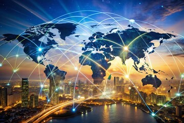 Abstract Global Network Concept with Glowing Connections Across Earth and World Map for Urban Exploration Photography