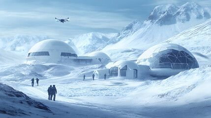 Futuristic habitat in a snowy landscape with figures exploring and a drone flying overhead
