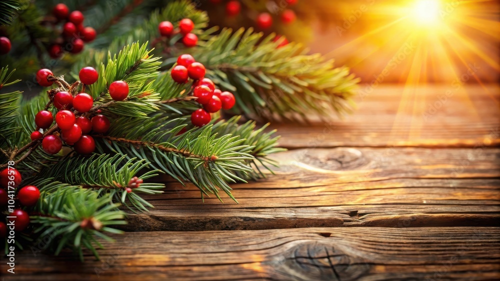 Poster a rustic wooden surface adorned with lush green pine branches and vibrant red berries, bathed in the