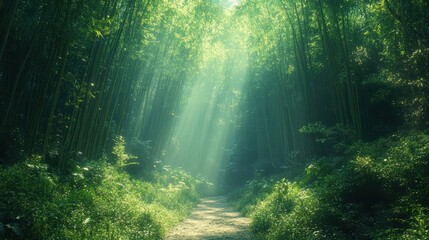 Obraz premium A bamboo forest with sunlight filtering through the leaves, creating a serene path