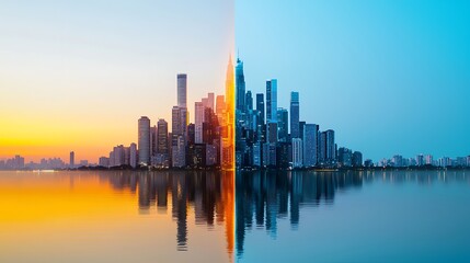 Obraz premium Stunning Cityscape Reflection at Sunrise and Sunset