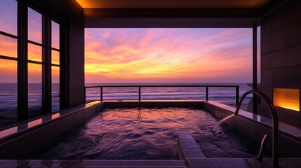 Fototapeta premium Serene Ocean View from Luxury Spa at Sunset
