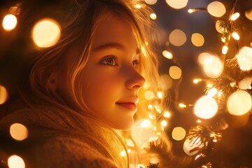 Young girl under a string of Christmas lights, creating a festive and cozy scene. 8K image captured for a glamorous magazine with volumetric lighting.