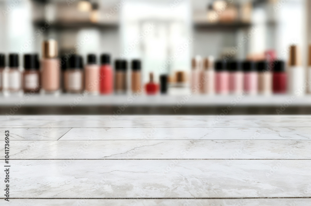 Poster white marble tabletop showing empty space for product placement with blurred beauty products backgro