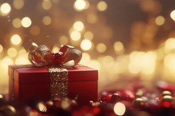 Christmas gift box and trinkets set against a background of golden unfocused lights. 8K image captured for a glamorous magazine with volumetric lighting.