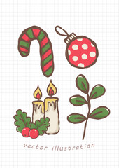 Festive Christmas Illustration with Candles, Candy Cane, and Holly