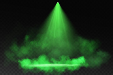 Dark stage on transparent background, light shimmering dust of green light. Directional spotlight, empty dark stage and studio room with floating green smoke. For product demonstrations.
