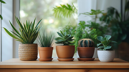 Indoor Plants in Pots on a Wooden Table