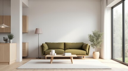 Modernes Wohnzimmer mit stilvoller, minimalistischer Einrichtung und Sofa in olive