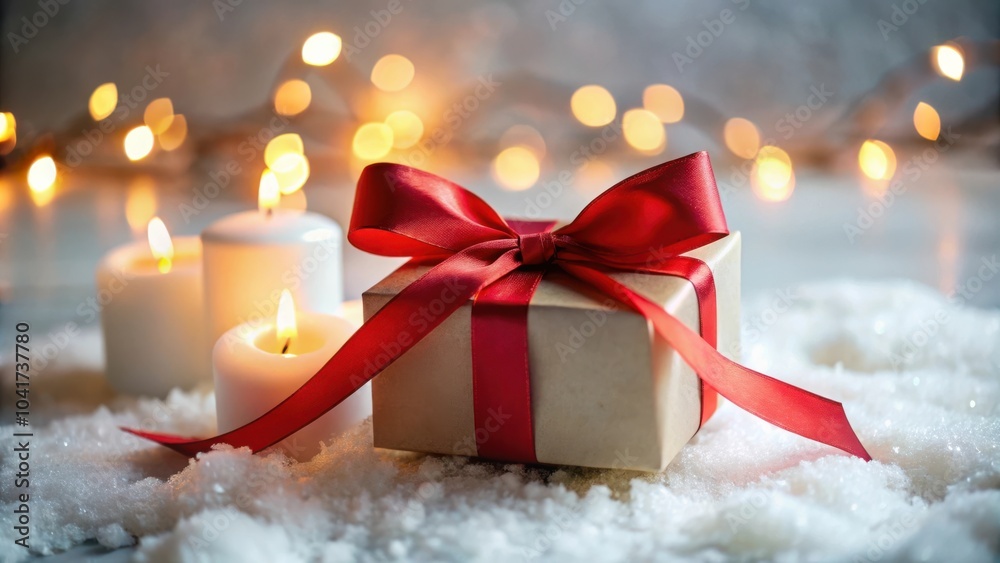 Poster a wrapped gift with a red bow sits nestled in the snow, illuminated by the warm glow of candles and 
